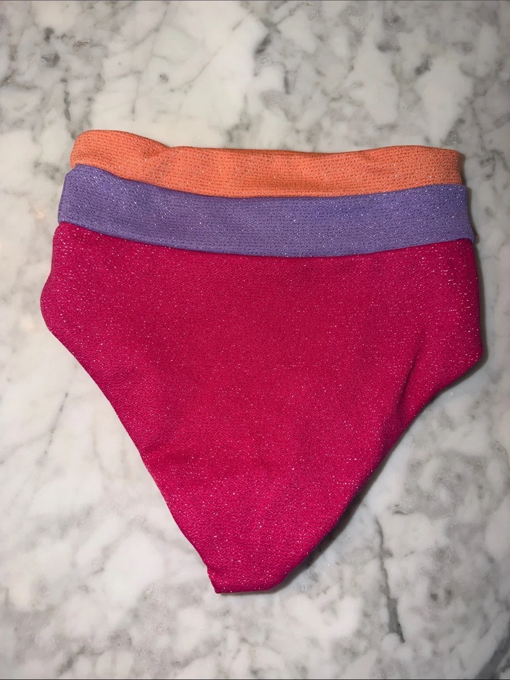 Beach Riot Girls Glitter Pink Two-Piece Bikini with Purple and Orange Bands 3/4Y